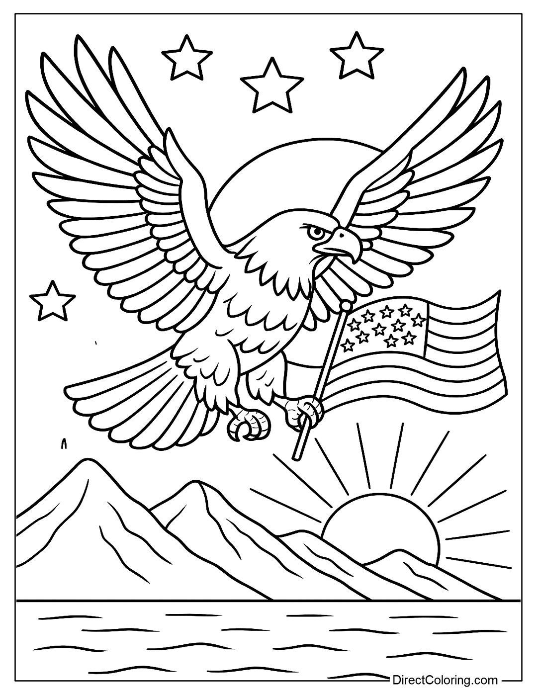 A coloring page with an eagle spreading its wings and flying with an American flag fluttering behind it, with mountains and a sunrise in the distance.